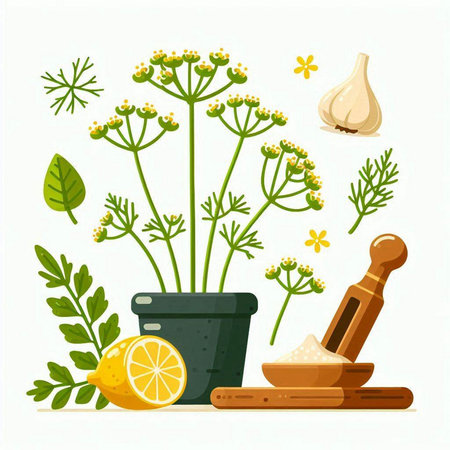 Herbs and spices vector illustration. Herbs and spices in a mortar and pestle.のイラスト素材