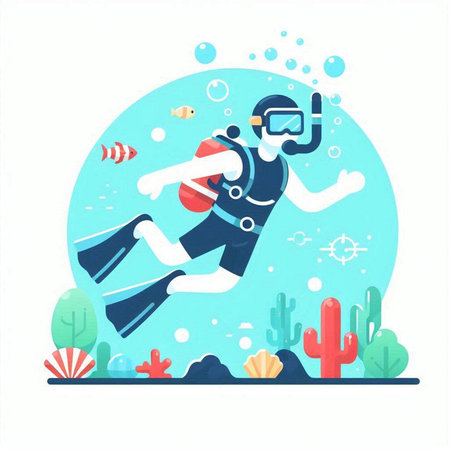 Scuba diving. Vector illustration in flat style on white background.のイラスト素材
