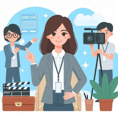 Businesswoman with a camera. Vector illustration in flat cartoon style.のイラスト素材