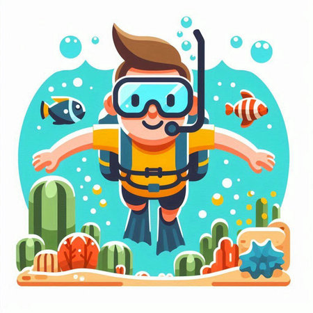 Cartoon boy with diving mask and snorkeling equipment. Vector illustrationのイラスト素材