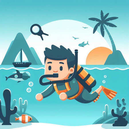Scuba diver on the seashore. Vector cartoon illustration.のイラスト素材