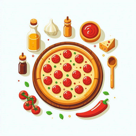 Pizza with ingredients on white background. Vector illustration in flat style.のイラスト素材
