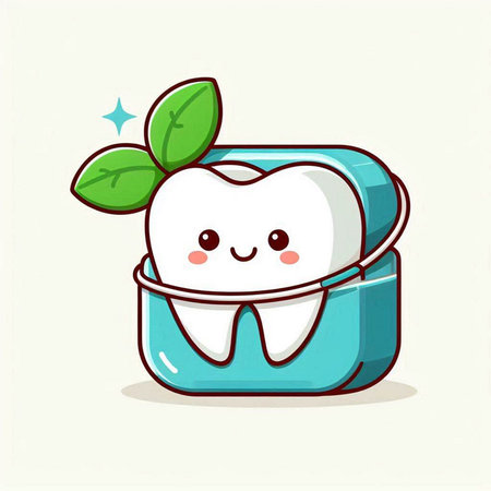 Cute cartoon tooth character with dental floss. Vector illustration.のイラスト素材
