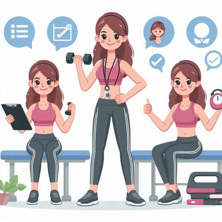 Sporty woman with dumbbells in the gym. Vector illustrationのイラスト素材