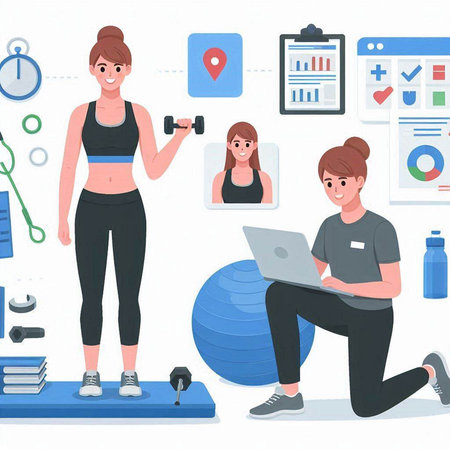 Fitness woman working out with personal trainer in gym. Vector illustrationのイラスト素材