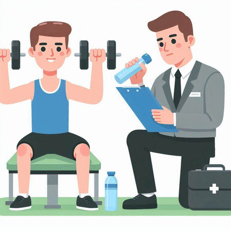 Man doing exercise with dumbbells in the gym. Vector illustrationのイラスト素材