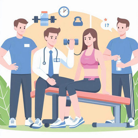 Vector illustration of a group of people doing fitness exercises in a gym.のイラスト素材