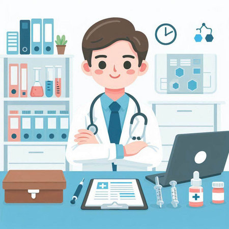 Male doctor sitting at the desk in his office. Vector illustration.のイラスト素材