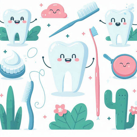 Cute cartoon tooth character with toothbrush, toothpaste, toothpaste, dental floss, toothbrush and cactus. Vector illustration.のイラスト素材