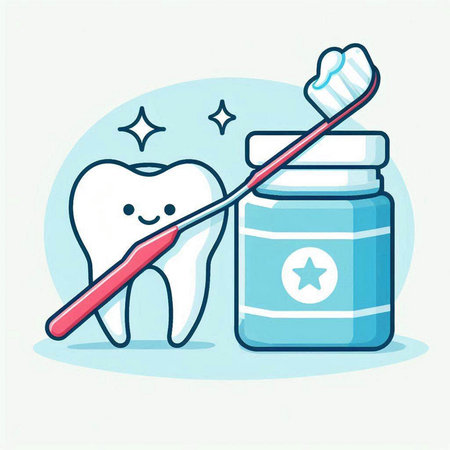 Tooth with toothbrush and jar of toothpaste. Vector illustration.のイラスト素材