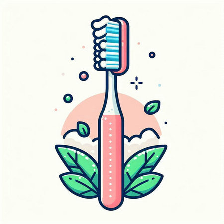 Vector illustration of toothbrush with green leaves. Flat line art style.のイラスト素材