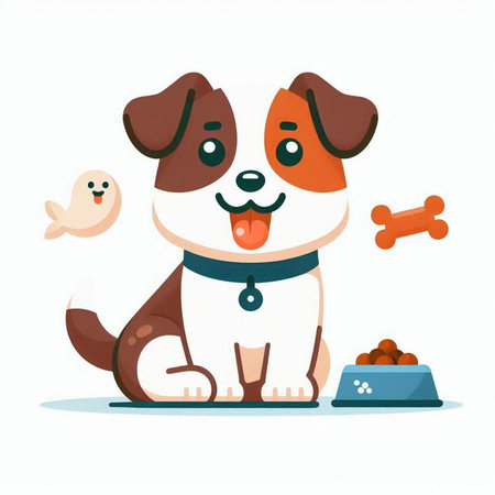 Cute cartoon dog with bowl of food. Vector illustration in a flat style.のイラスト素材