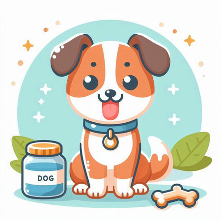 Cute cartoon dog with a bottle of pills. Vector illustration.のイラスト素材