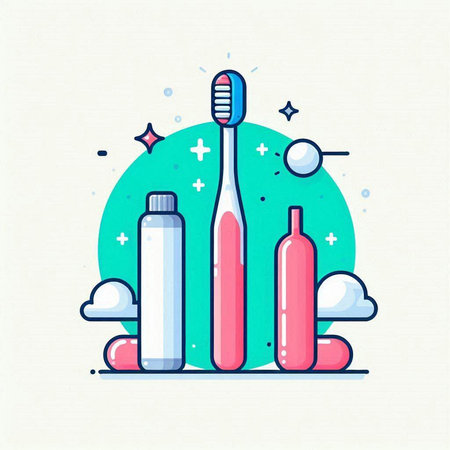 Vector illustration of toothbrush and toothpaste in flat line style.のイラスト素材