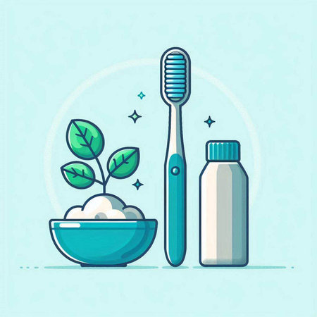 Vector illustration of a toothbrush, toothpaste and plant in a bowl.のイラスト素材