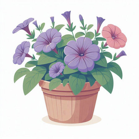 Flower pot with violet petunia isolated on white background. Vector illustration.のイラスト素材