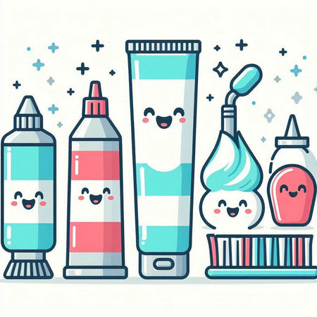 Cute toothpaste, toothbrush, toothpaste and toothpaste. Vector illustration.のイラスト素材