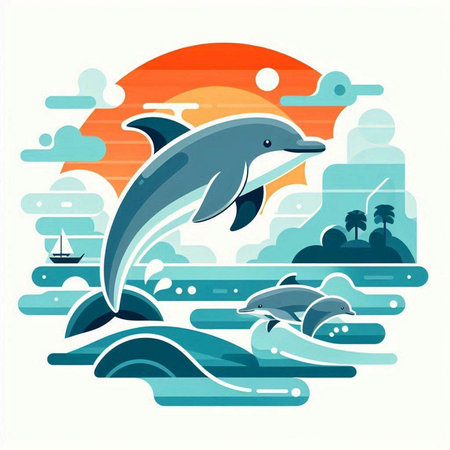 Dolphin jumping out of the sea. Vector illustration in flat style.のイラスト素材