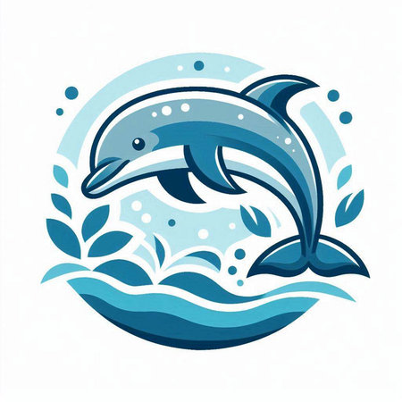 Dolphin jumping out of the water. Vector illustration in blue colors.のイラスト素材
