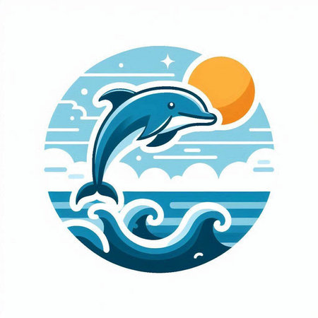 Dolphin jumping out of the sea. Vector illustration in flat style.のイラスト素材