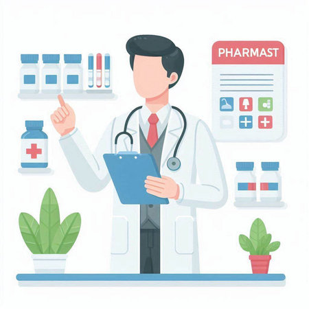Doctor with stethoscope and clipboard. Vector illustration in flat styleのイラスト素材