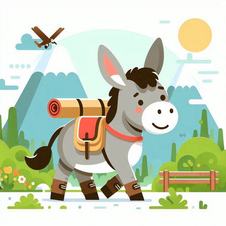 Donkey with a backpack on the background of mountains. Vector illustrationのイラスト素材