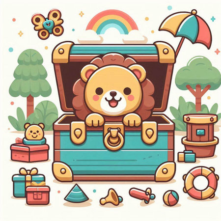 Cute cartoon lion sitting on a treasure chest. Vector illustration.のイラスト素材