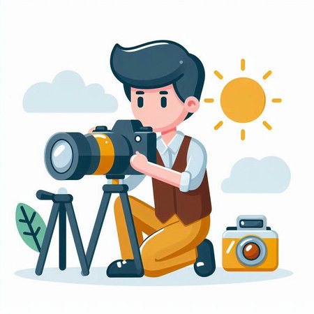 Photographer with camera. Vector illustration in cartoon style on white background.のイラスト素材
