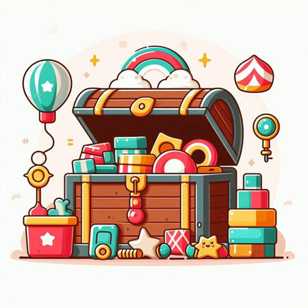 Vector illustration of a treasure chest filled with different toys and items.のイラスト素材
