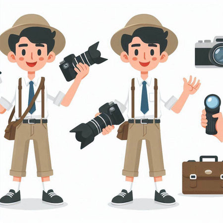 Photographer and photographer character. Vector illustration in a flat style.のイラスト素材