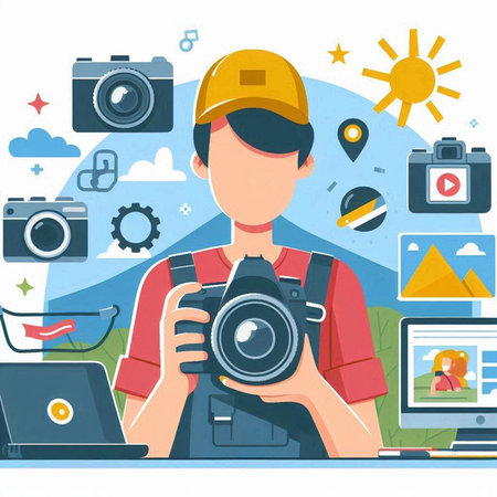 Photographer with camera. Vector illustration in flat design style. Isolated on white background.のイラスト素材