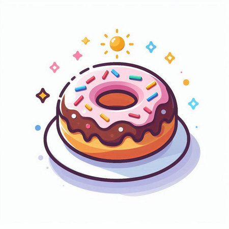 Donut with glaze and sprinkles on a plate. Vector illustration.のイラスト素材