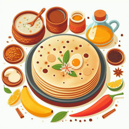 Thin pancakes with spices and fruits. Vector illustration in cartoon style.のイラスト素材