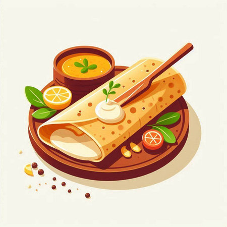 Crepes with vegetables and sauce on a plate. Vector illustrationのイラスト素材