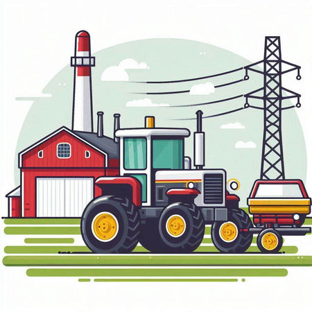Tractor in front of a red barn. Vector illustration on white background.のイラスト素材