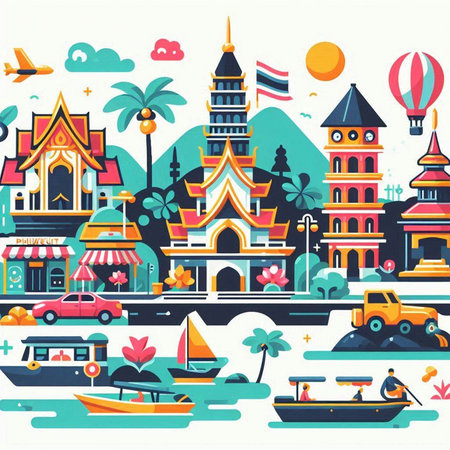 Colorful vector illustration of the famous landmark of Bangkok, Thailand.のイラスト素材