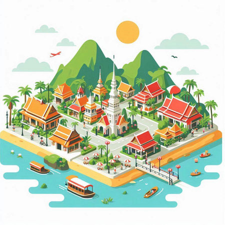 Thai temple in the middle of the sea. Vector illustration.のイラスト素材