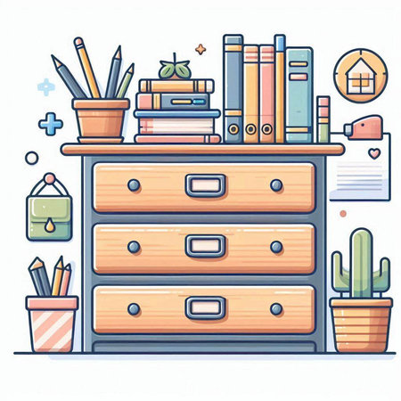 Vector illustration of a cabinet with books, pencils and cactusのイラスト素材