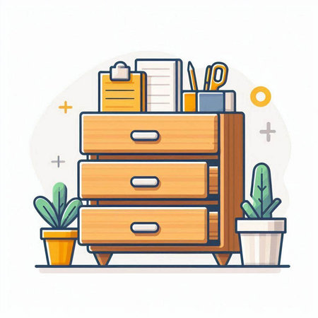 Wooden drawer with documents and stationery. Vector illustration in flat styleのイラスト素材