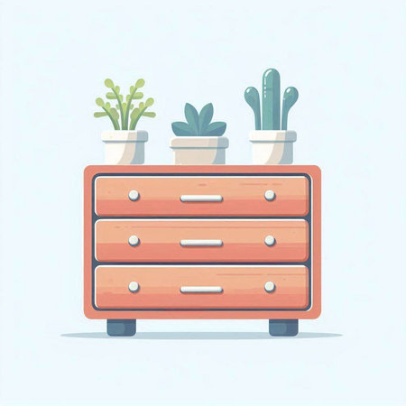 Wooden chest of drawers with cactuses. Vector illustration.のイラスト素材