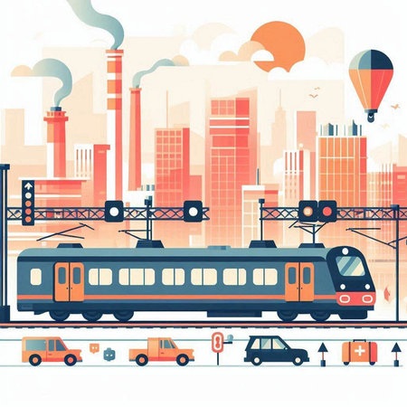 Train on a city background. Vector illustration in flat design style.のイラスト素材