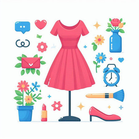 Flat design fashion vector illustration with dress, shoes, flowers and accessories.のイラスト素材