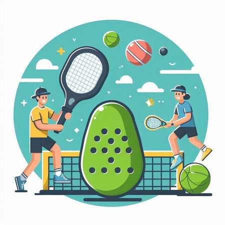 Tennis player with racket and ball on court. Flat vector illustration.のイラスト素材