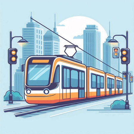 Modern tram on the background of the city. Vector illustration in flat styleのイラスト素材