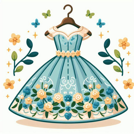 Wedding dress on a hanger with flowers. Vector illustration.のイラスト素材