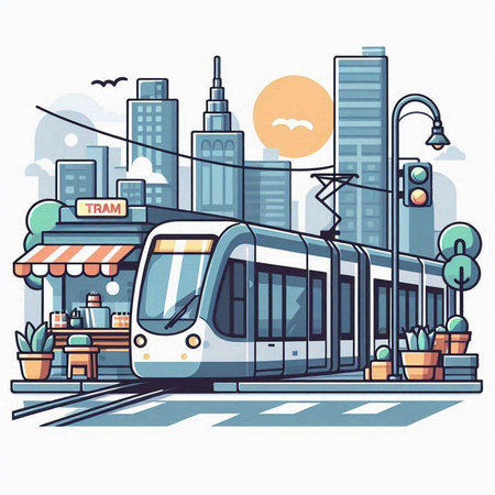 Modern tram on the background of the city. Urban transport. Vector illustrationのイラスト素材