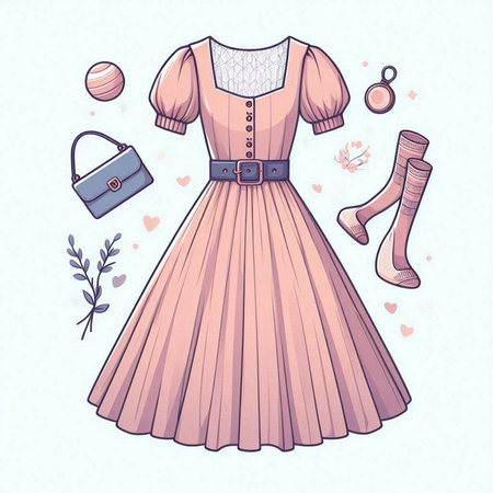 Cute hand drawn vector illustration of a girl's dress and accessories.のイラスト素材