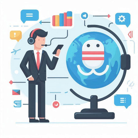 Businessman with headset and globe. Vector illustration in flat style.のイラスト素材