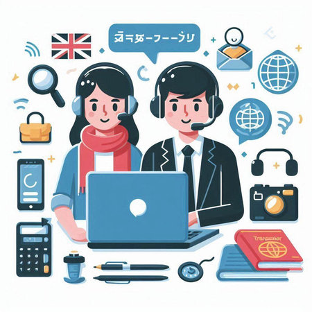 Illustration of a man and woman with a laptop and a headset.のイラスト素材
