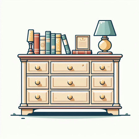 Illustration of a wooden chest of drawers with books and lampのイラスト素材